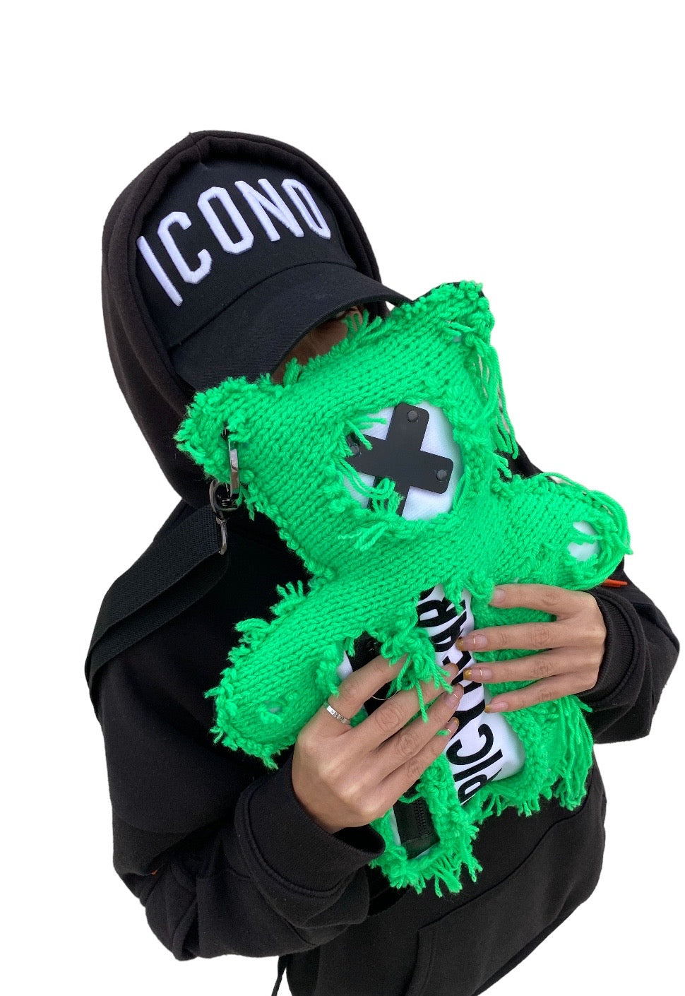 SPICYBEARS Spooky Bear Bag In White With Neon Green Semi-Wool Coat - SPICYBEARS
