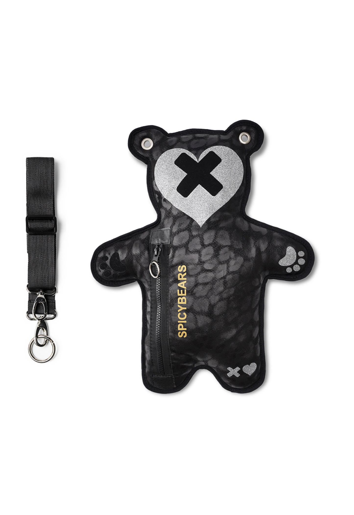 Black Leo Faux Suede | Black Velvet | Silver Glitter Heart Edition Bear Bag