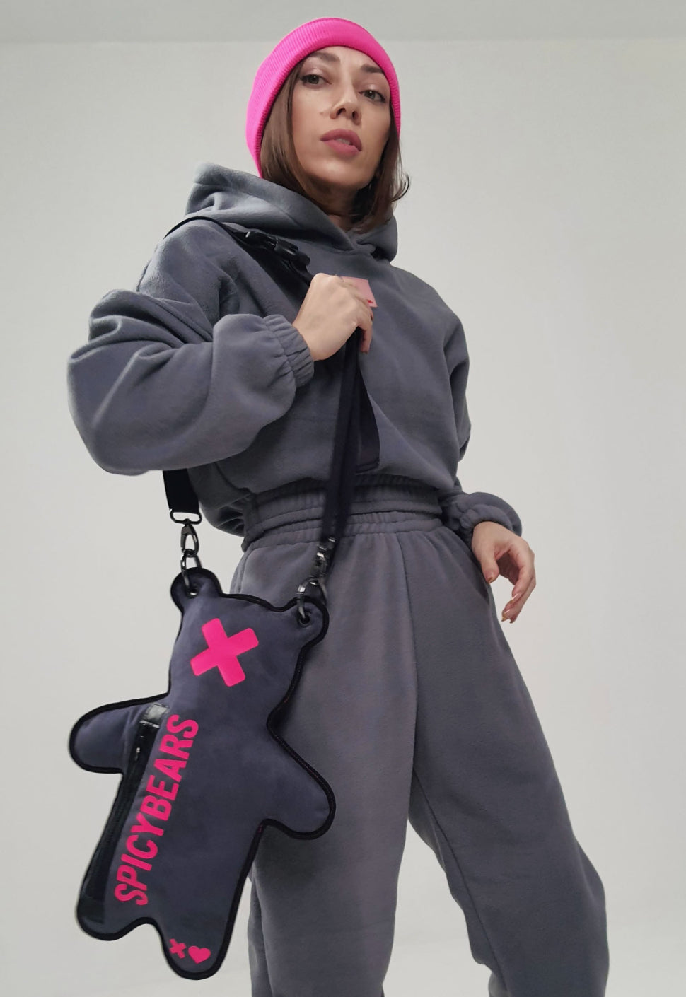 one-of-a-kind Gray Faux Suede SPICYBEARS Bag featuring a bear-shaped design and Neon Pink Print that goes well with a beanie or oversized look