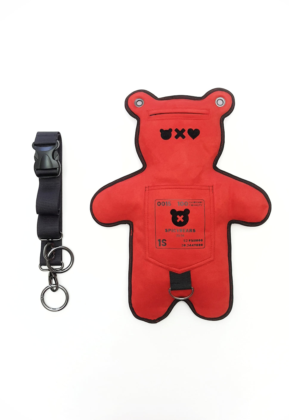 Touchable bear crossbody purse in a soft faux suede material with contrasting black velvet design elements with spacious pockets