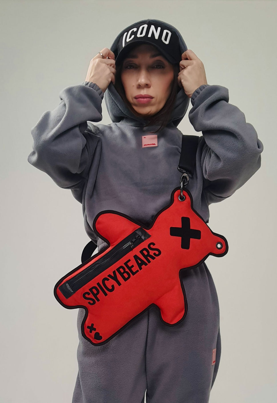 Red Touchable Bear Crossbody Bag with Black Velvet Print, perfect Match With Oversized Hoodie, Loosy Pants and Baseball Cap