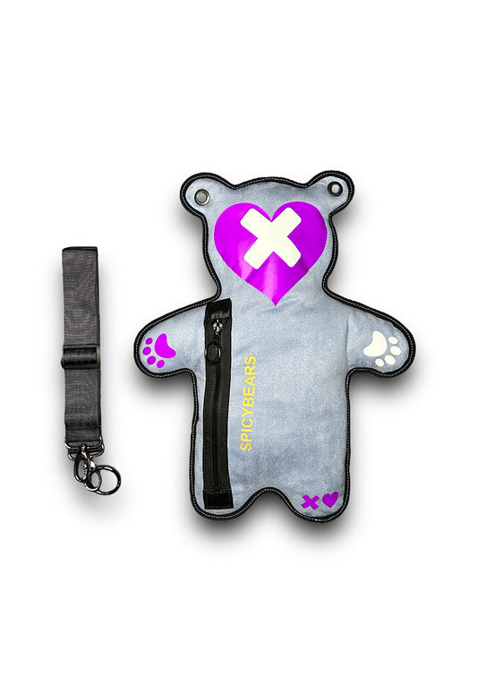 Light Blue Faux Suede | White Reflective | Purple Heart Edition Bear Bag - SPICYBEARS