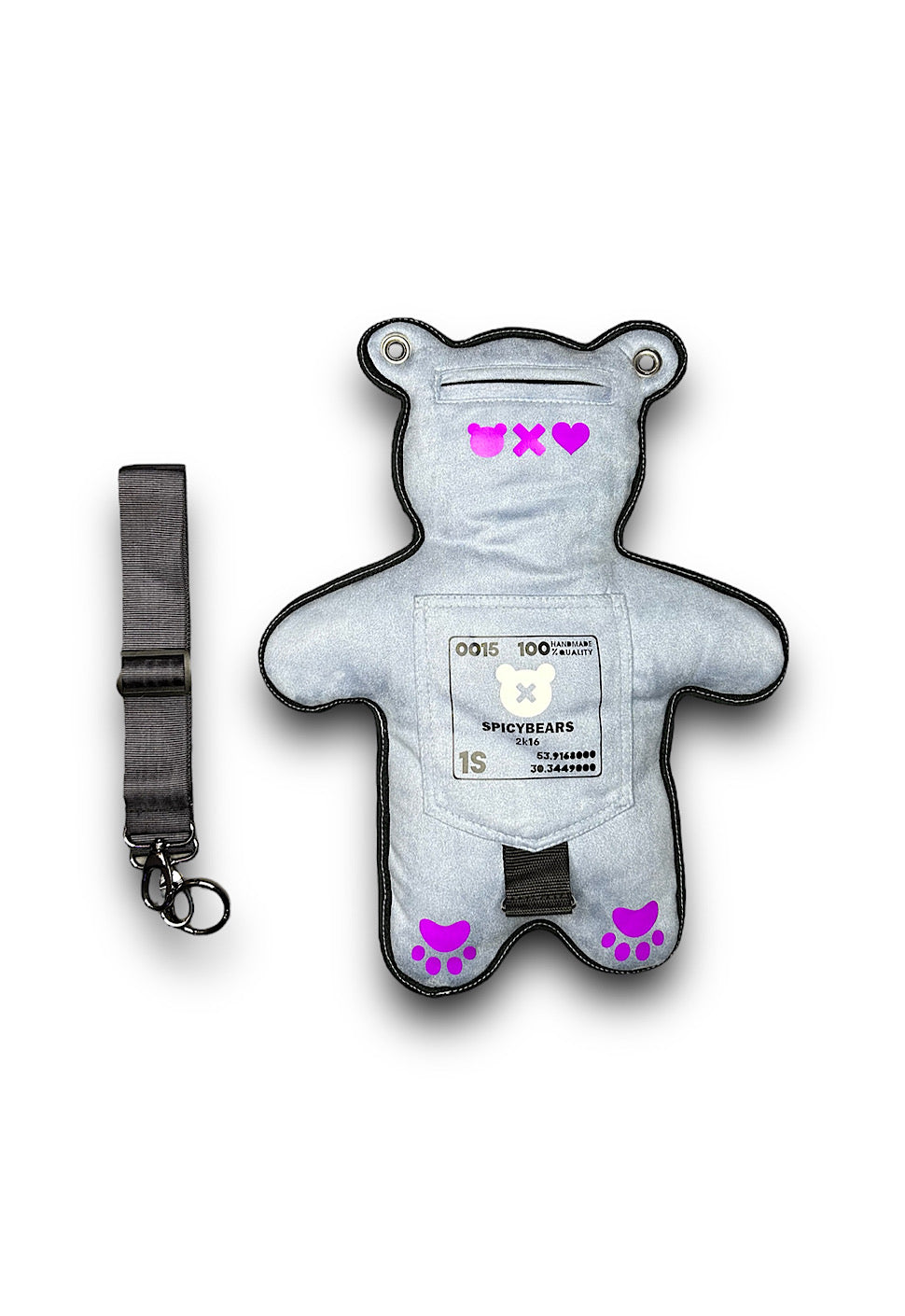 Light Blue Faux Suede | White Reflective | Purple Heart Edition Bear Bag - SPICYBEARS