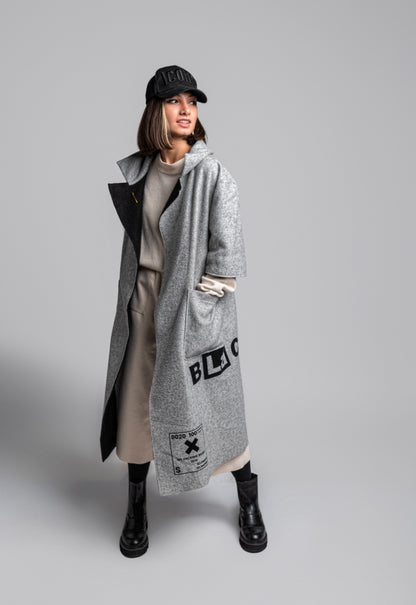 Oversized "MISHKA" Coat in Gray Semi-Wool with Black Velvet Details - SPICYBEARS