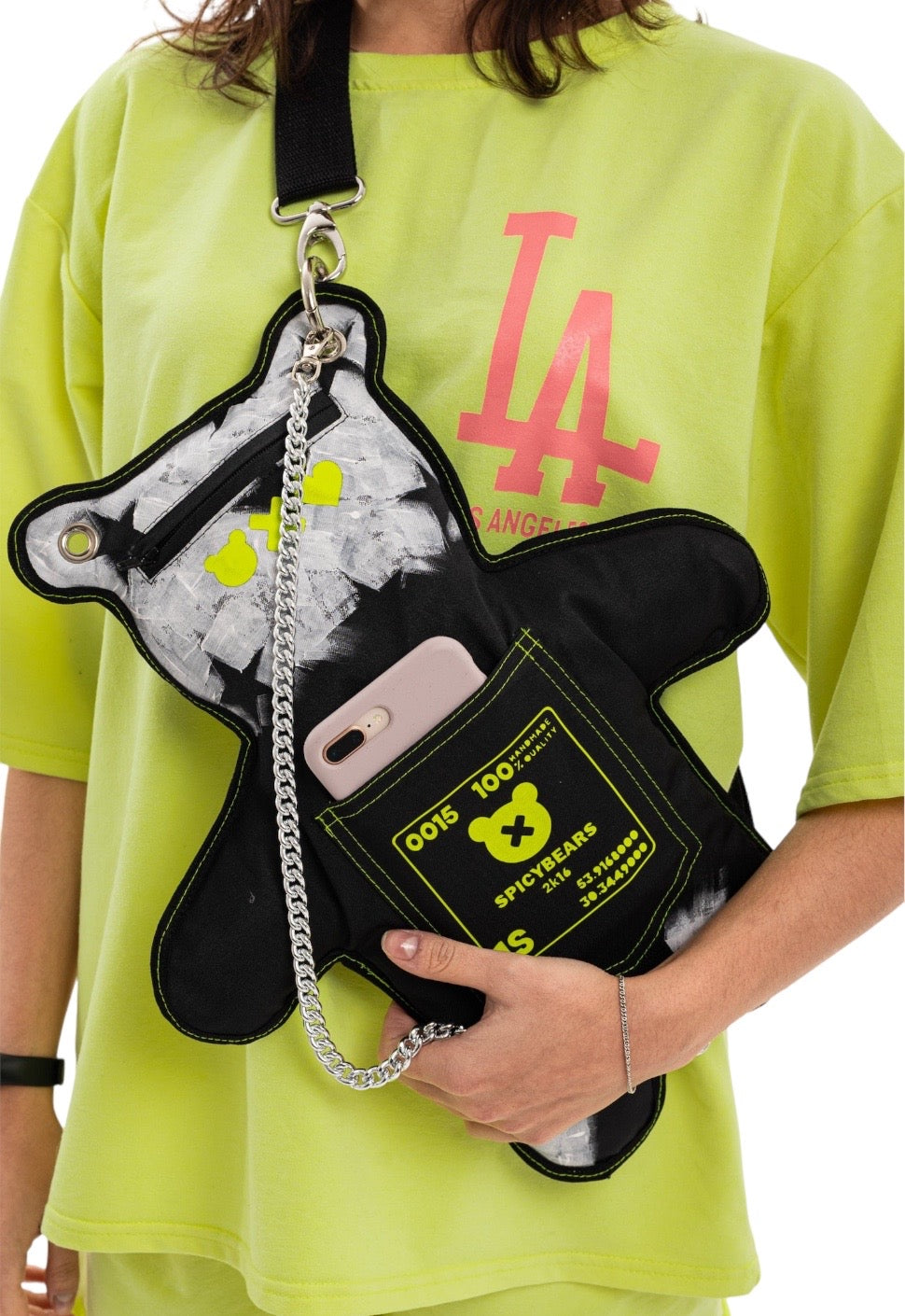 American Style Black & White | Neon Yellow SPICYBEARS Hand-Painted Purse - SPICYBEARS