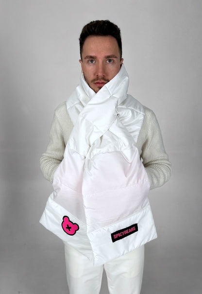 SPICYBEARS Padded Scarf with Fleece Hands Pockets | White | Neon Pink - SPICYBEARS