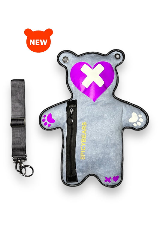 Light Blue Faux Suede | White Reflective | Purple Heart Edition Bear Bag - SPICYBEARS