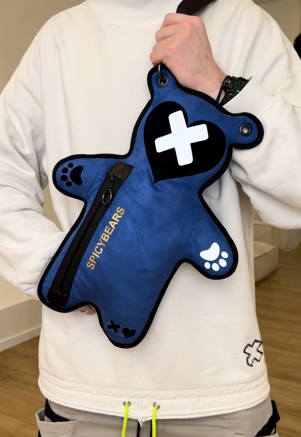 Indigo Faux Suede | White Reflective | Black Velvet Heart Edition Bear Bag - SPICYBEARS