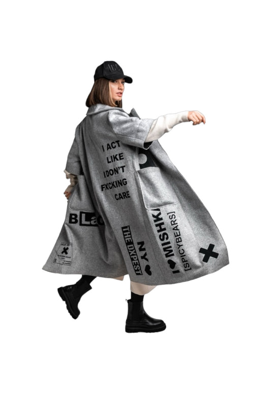 Oversized "MISHKA" Coat in Gray Semi-Wool with Black Velvet Details - SPICYBEARS