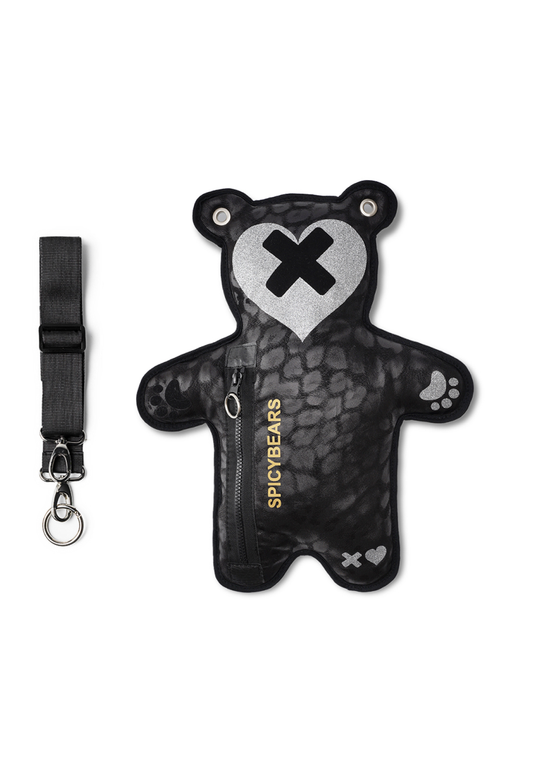 Black Leo Faux Suede | Black Velvet | Silver Glitter Heart Edition Bear Bag