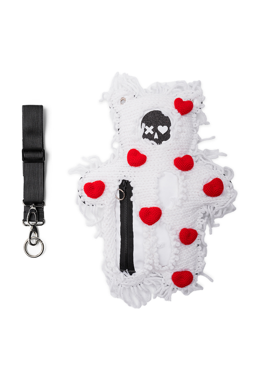 White | White Semi-Wool Coat & Red Hearts | Spooky SkullBEARS Valentine's Edition Bear Bag