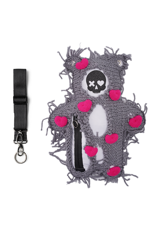 White | Gray Semi-Wool Coat & Fuchsia Hearts | Spooky SkullBEARS Valentine's Edition Bear Bag