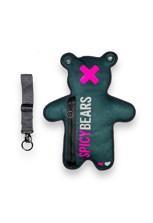 Dark Teal | Neon Rose Fluo-Silver Glitter | Faux Suede Bear Bag - SPICYBEARS