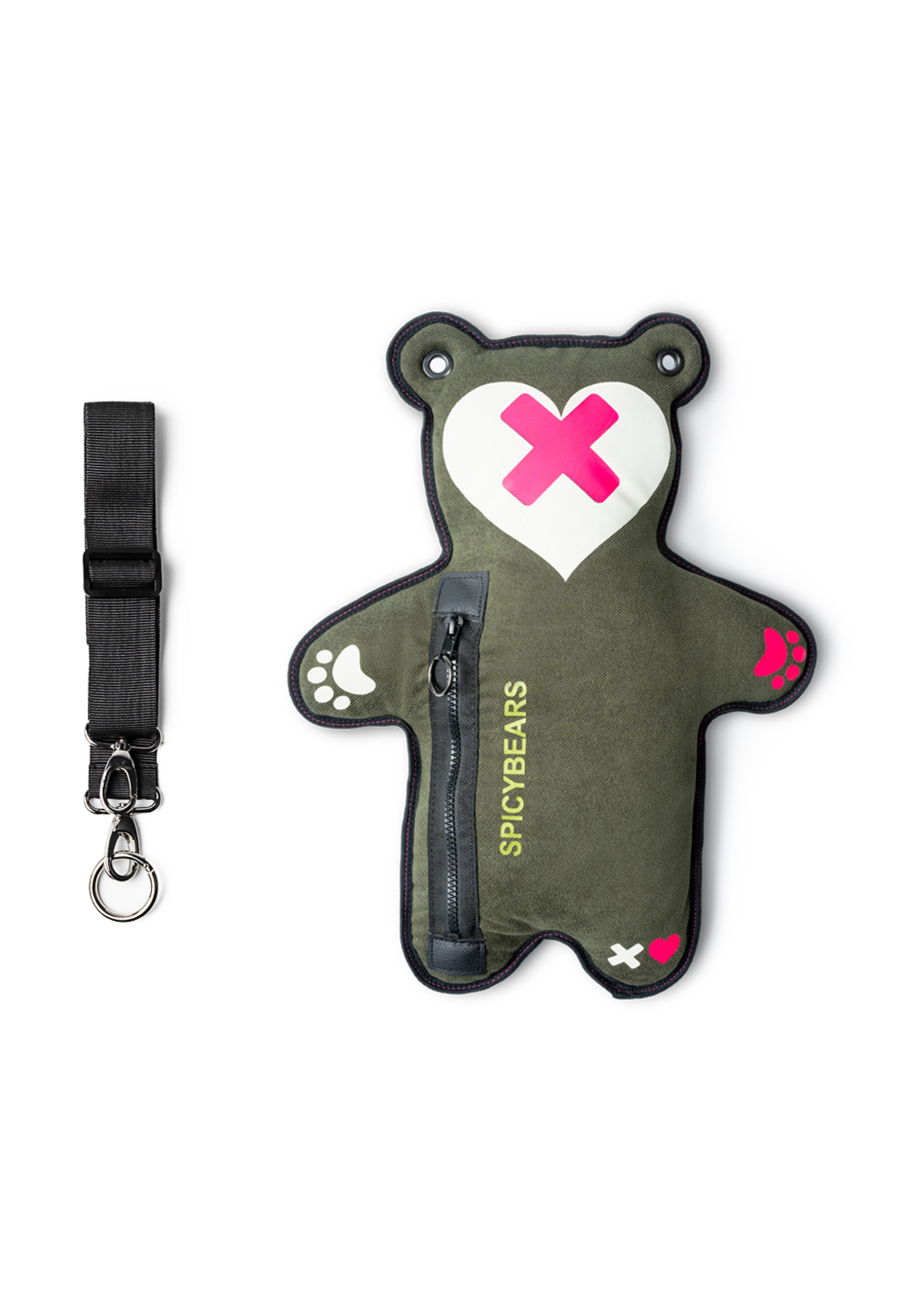 Khaki Twill | Neon Pink | White Reflective Heart Edition Bear Bag - SPICYBEARS