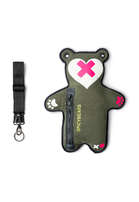 Khaki Twill | Neon Pink | White Reflective Heart Edition Bear Bag - SPICYBEARS