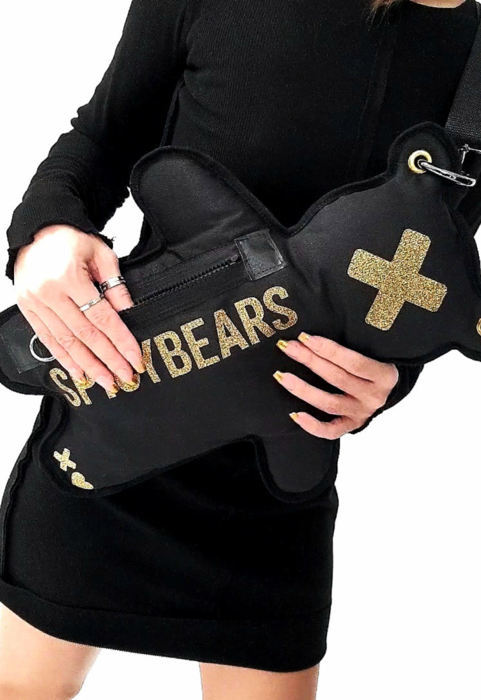 The Ultimate Statement Piece - Black SPICYBEARS Bag with Gold Glitter Print and roomy pockets