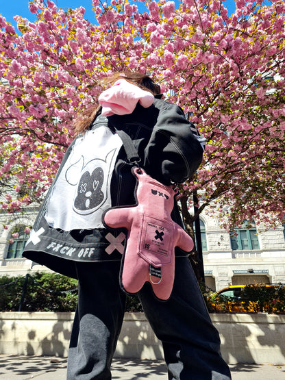 Make a statement with this one-of-a-kind SPICYBEARS bear-shaped purse in a beautiful dusty rose faux suede material with black velvet print