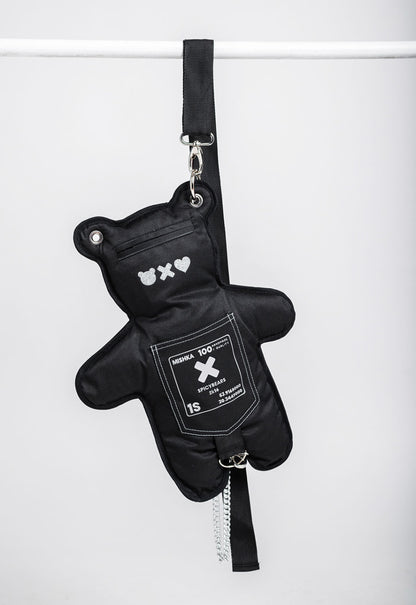 Two-sided Black bear-shaped bag with removable chain and adjustable strap