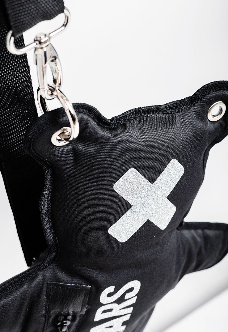 Handcrafted unisex black bear-shaped bag with silver glitter print and high-quality hardware