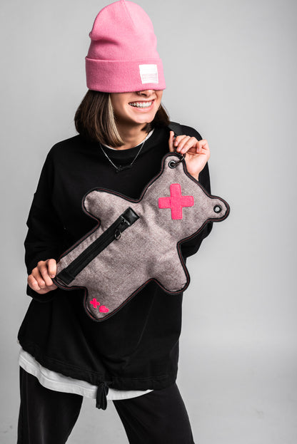 FW2122 | Beige Melange Bear-Bag with Neon Pink 3D Applique - SPICYBEARS