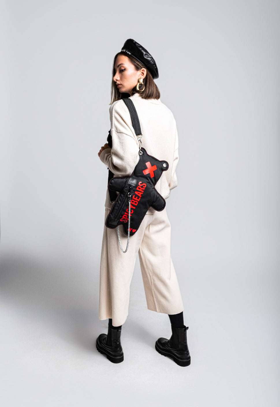 Black SPICYBEARS Bag with Red Print - Trendy Cross-Body Bag for Women and Men