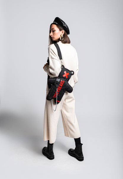 Black SPICYBEARS Bag with Red Print - Trendy Cross-Body Bag for Women and Men