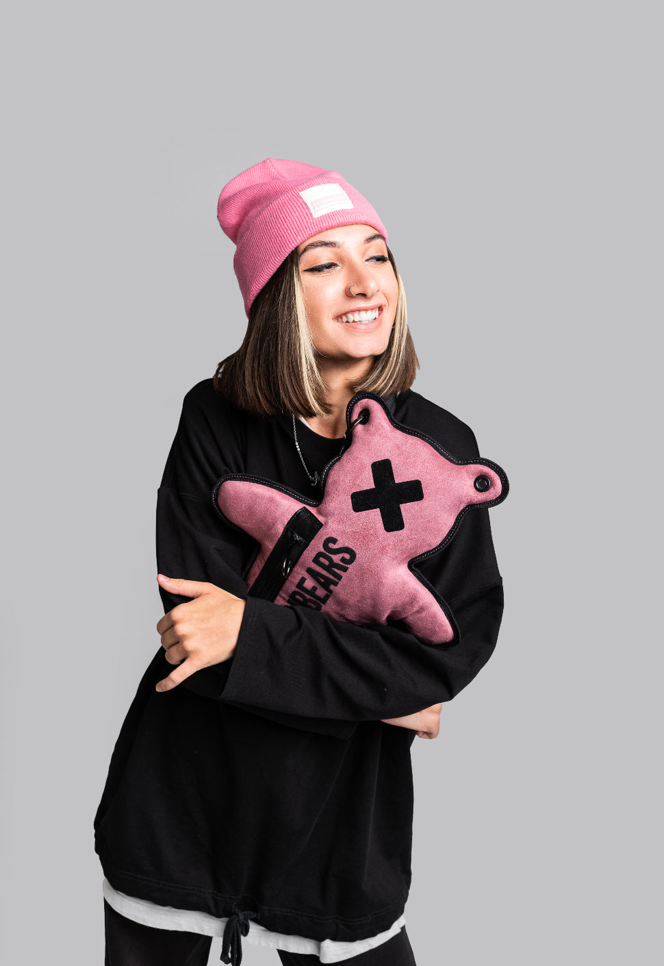 Huggable Touchable Faux Suede Dusty Rose Bear-Shaped Purse with Black Velvet Print for Streetwear Fashionistas