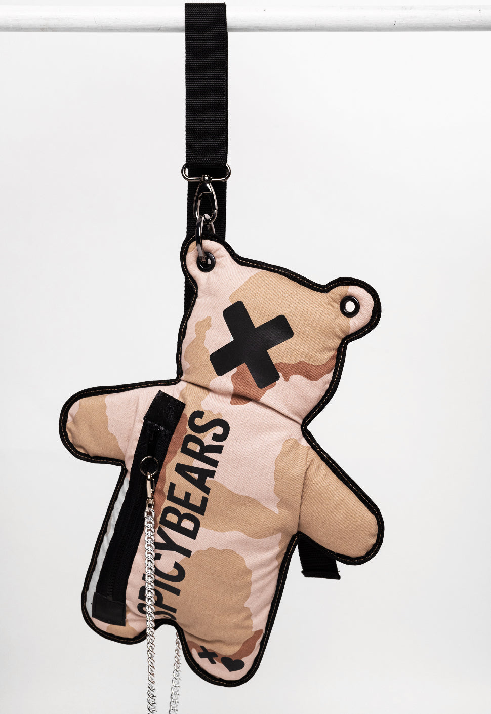 Unisex streetwear crossbody camo bear bag with black reflective accents