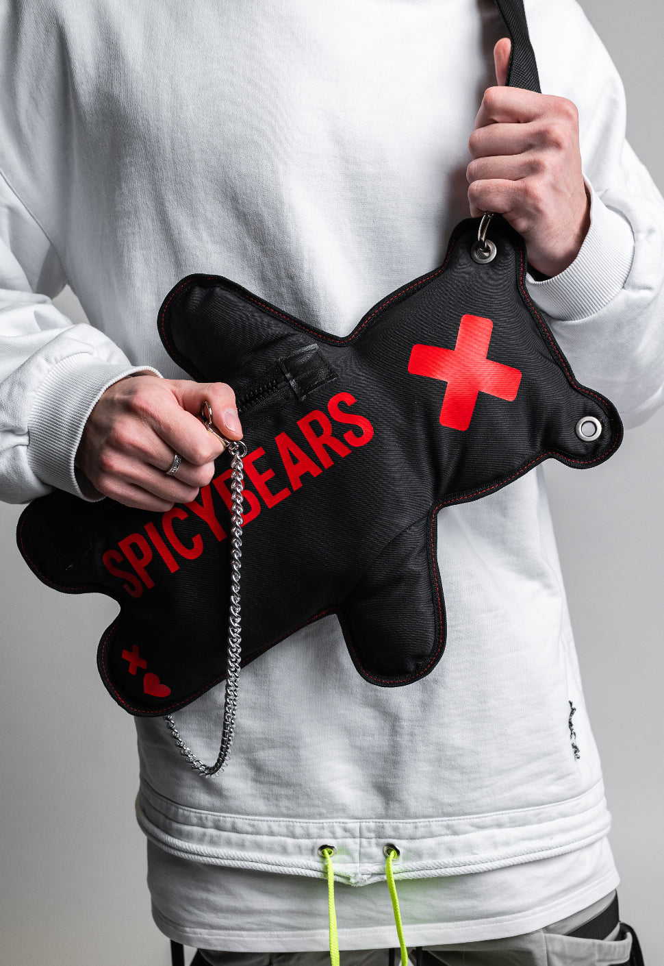 Upgrade Your Style with the Black SPICYBEARS Bag with Red Print - Removable and Adjustable Strap And Detachable Chain