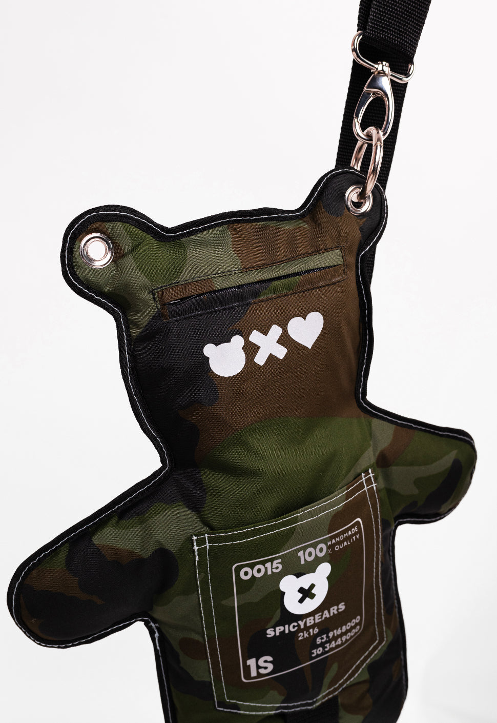 Back side of two-sided bear-shaped bag designed for urban outfit lovers