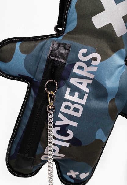 Lightweight blue camo bag with white reflective print and silver color chain for everyday use