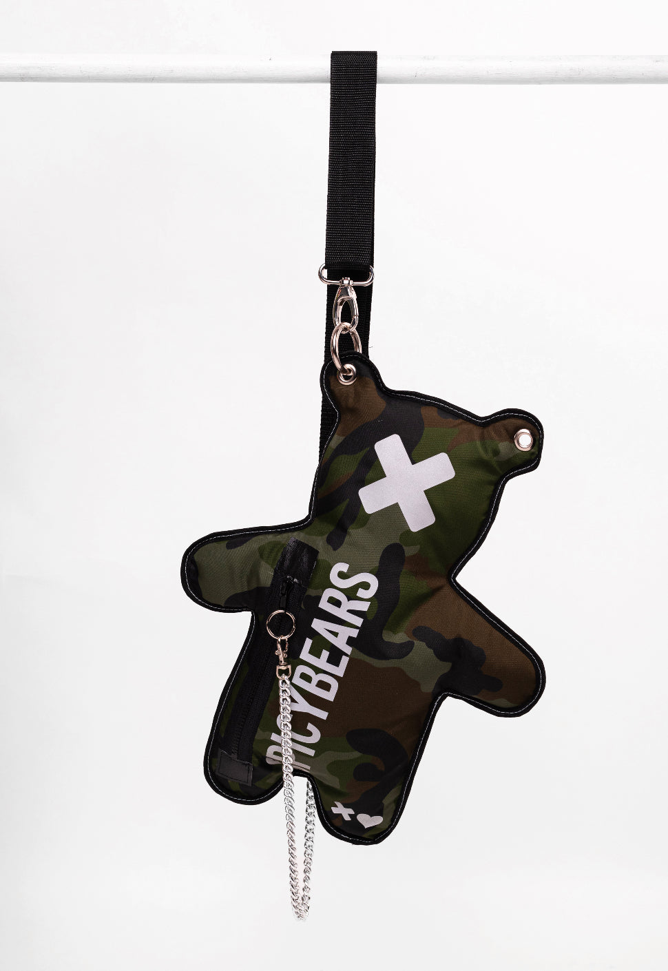Handcrafted unisex camo bag with white reflective print, 2 zipped pockets, and removable strap