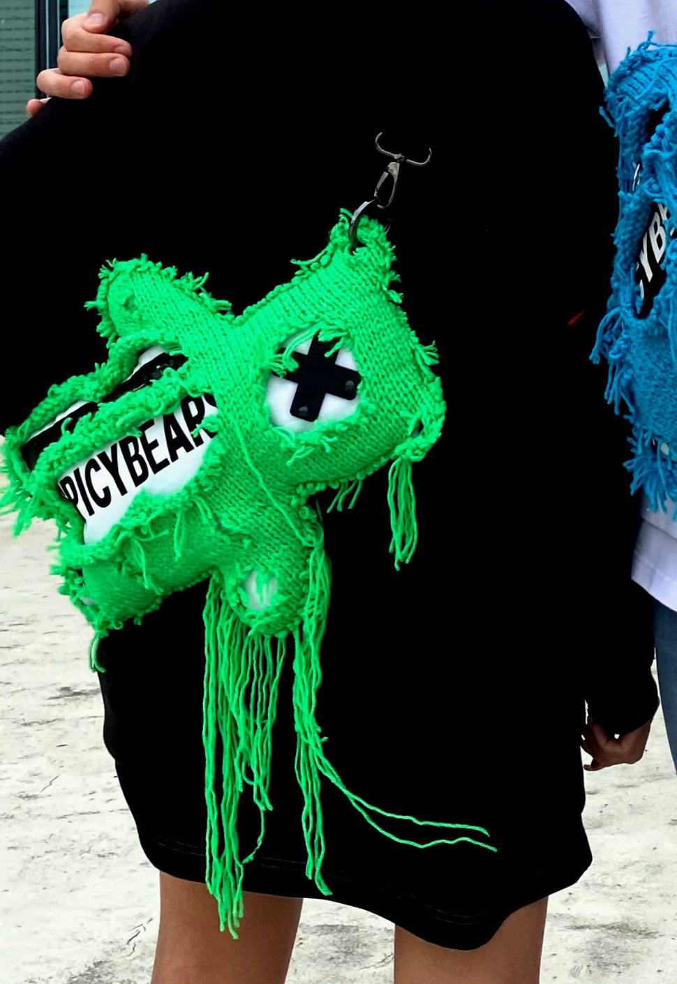 SPICYBEARS Spooky Bear Bag In White With Neon Green Semi-Wool Coat - SPICYBEARS