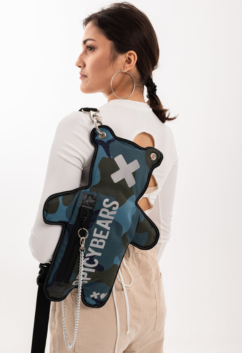 Military-style blue camouflage bag with white reflective print for a sleek look that you can carry as a shoulder bag or crossbody