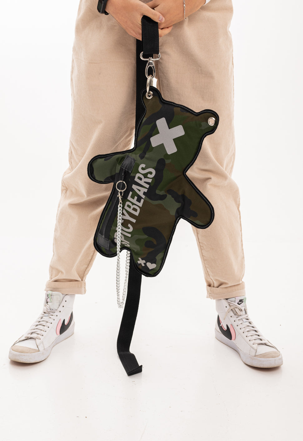 Lightweight green camo bag with white reflective print and high-quality silver color hardware for everyday use