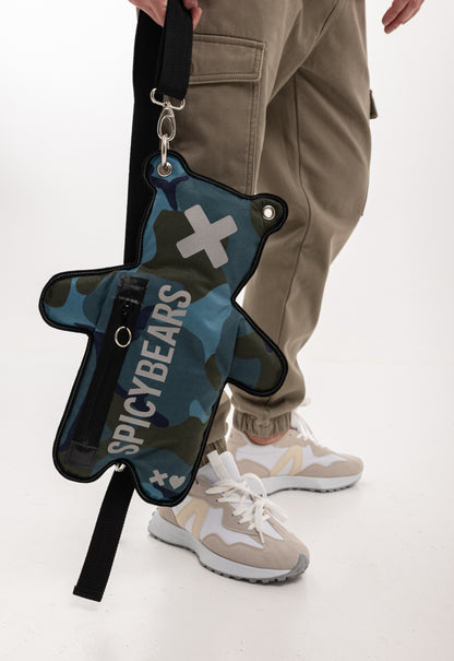 Hand-crafted blue camo bag with white reflective print and removable chain