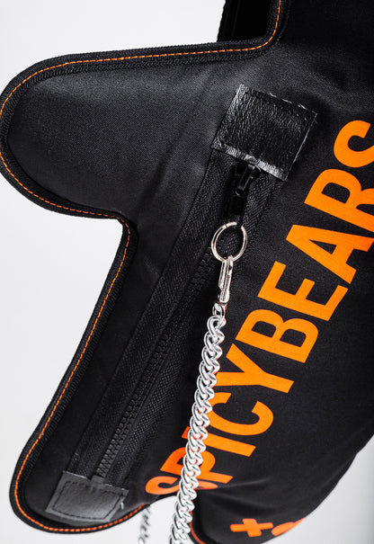 Unique and stylish: Black bag with striking neon orange details and multiple pockets