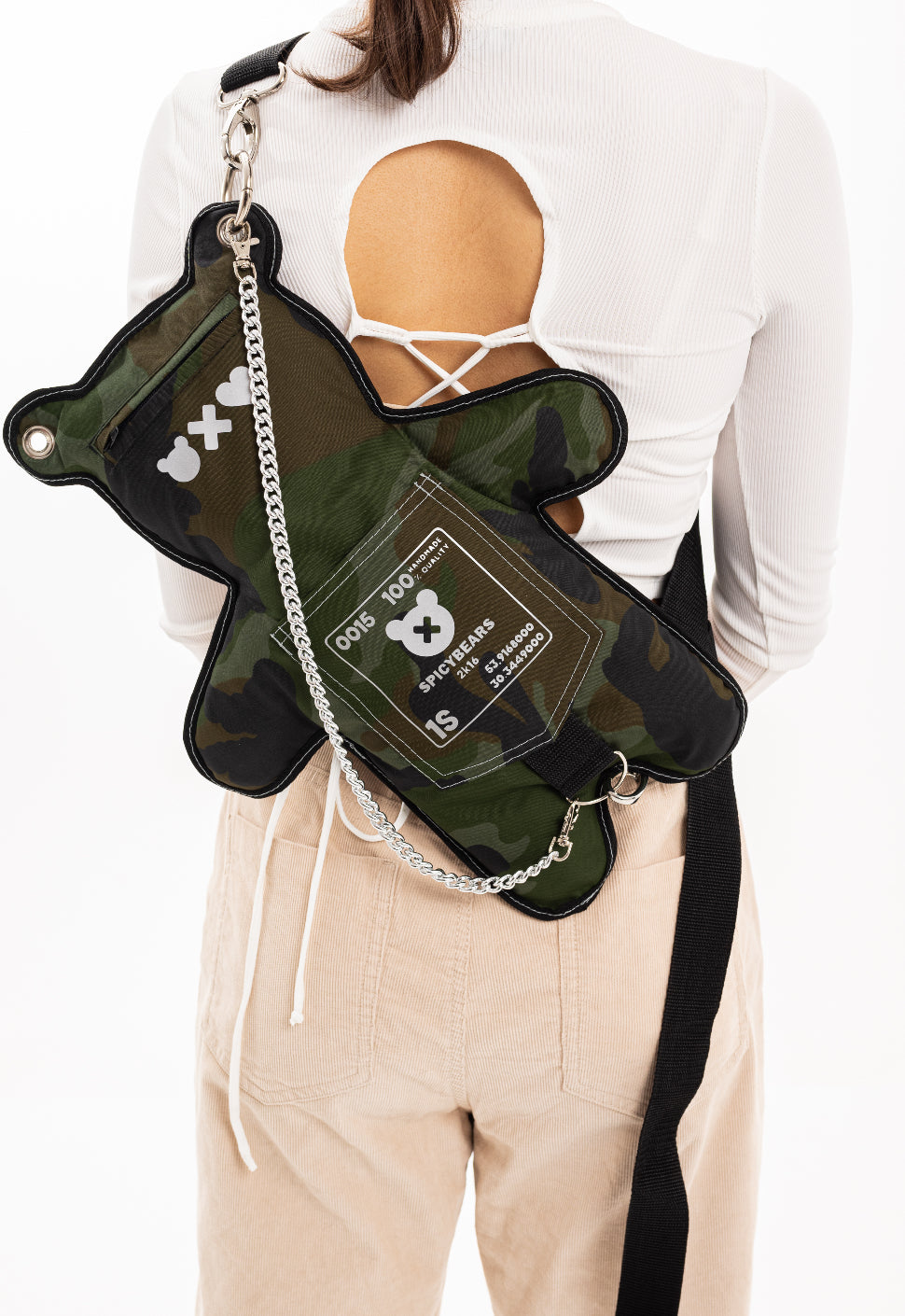 Hand-crafted green camo bag with white reflective print and removable chain for men and women