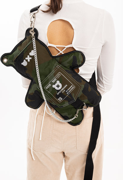 Hand-crafted green camo bag with white reflective print and removable chain for men and women