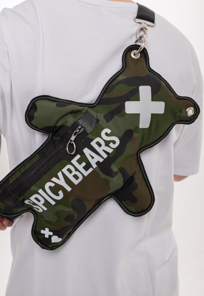 Non-gender Green camo bag with white reflective print and adjustable strap for comfort 