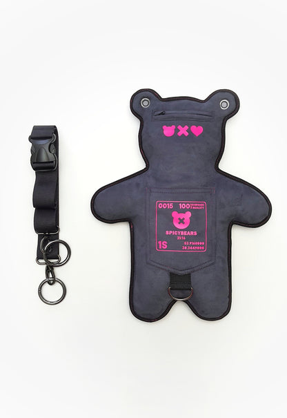 Amp up your accessory game with our Gray Faux Suede SPICYBEARS bag featuring a huggable bear-shaped design in neon pink