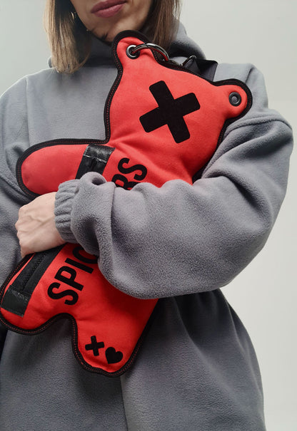 Huggable bear-inspired streetwear accessory: SPICYBEARS faux suede crossbody bag in red with black velvet details